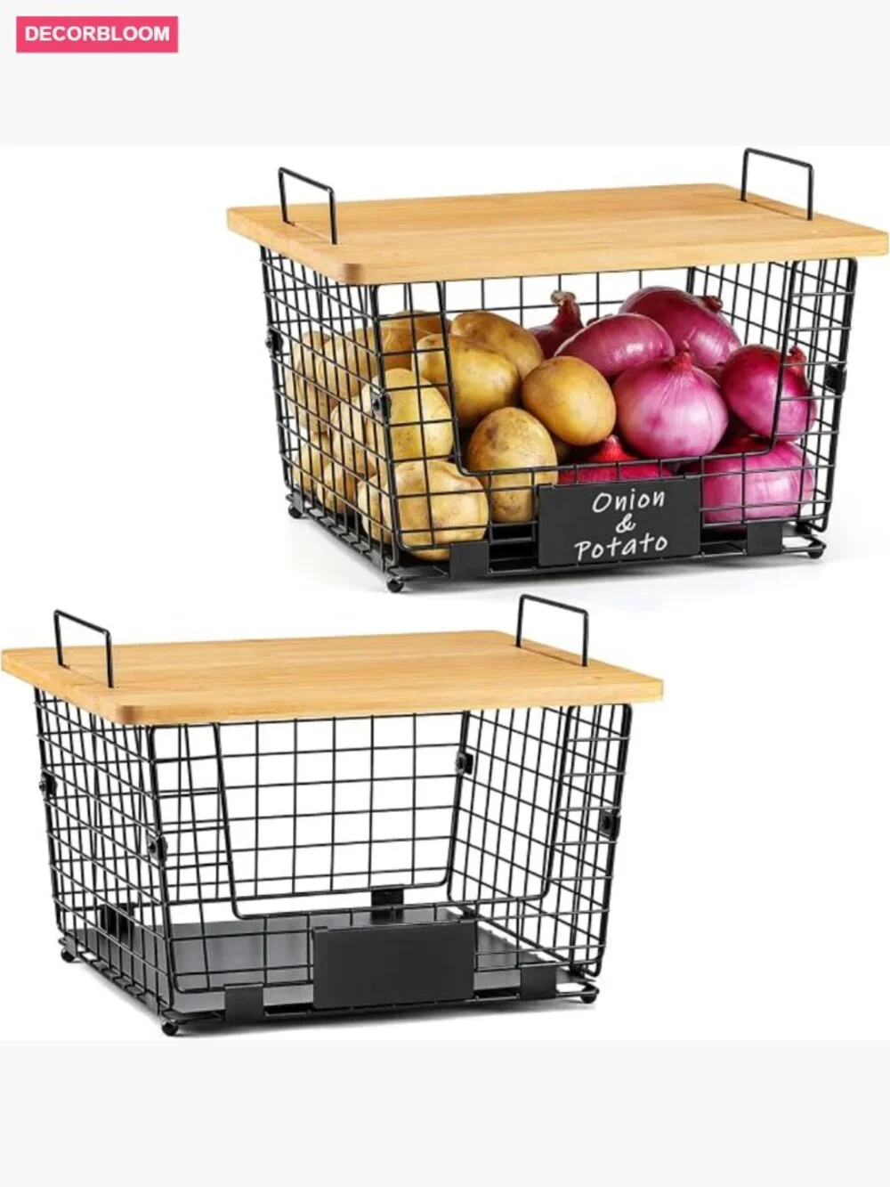 2 Pack Stackable Wire Basket with Bamboo Tops for Pantry Kitchen Organizer